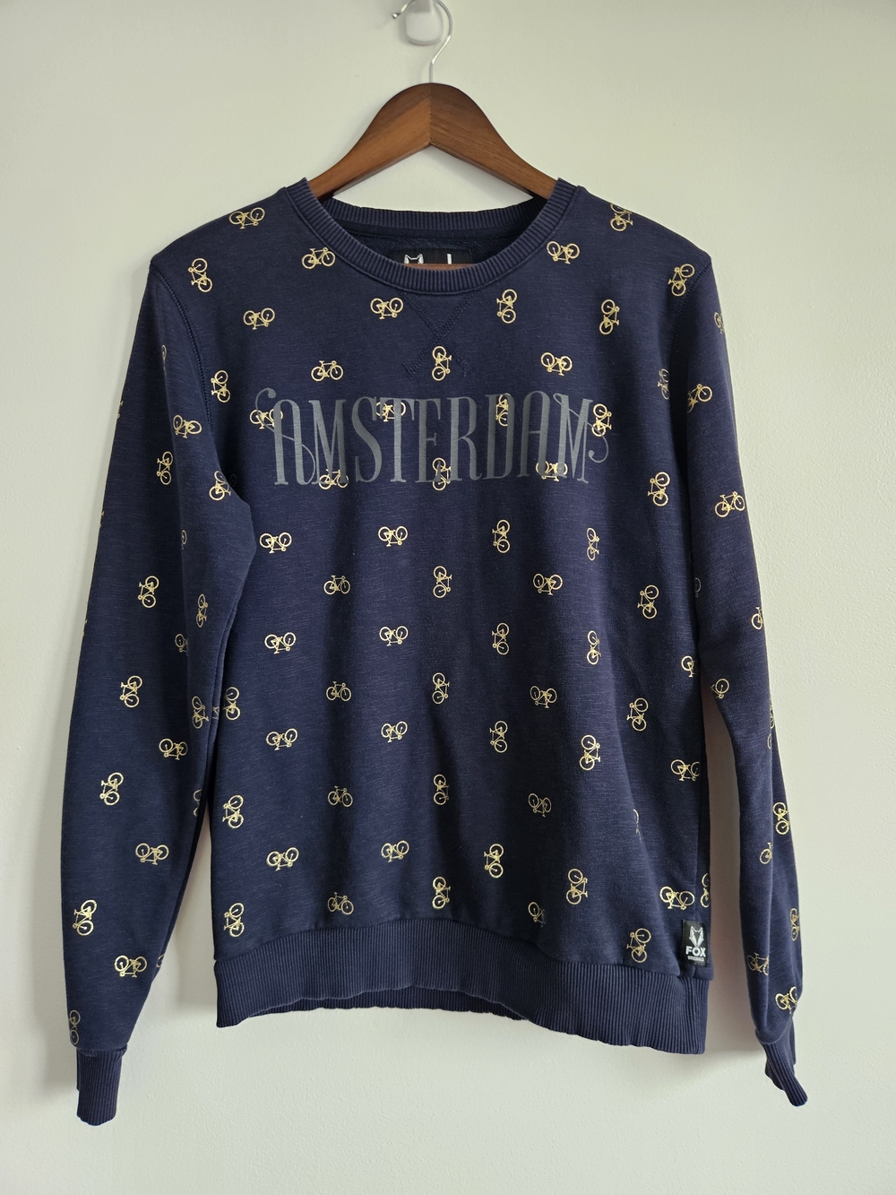 Fox Navy 'Amsterdam' Crewneck Sweater with Gold Bicycle Print